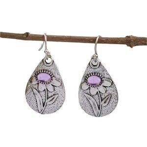 Silver Tone Teardrop Earrings With Floral Design & Lavender Gemstone
